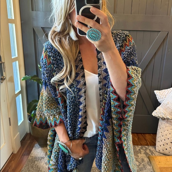 New Bohemian Loom Moroccan Knit Tasseled Blue Poncho Cardigan Sweater - Picture 2 of 11